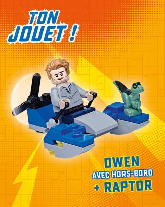 LEGO® Jurassic World™ PLUS | N°12 | Owen et son hors-bord + Raptor + 1 carte or