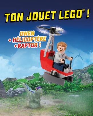 LEGO® Jurassic World™ | N°14 | Owen dans son hélicoptère + 1 Raptor + 1 carte or 
