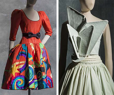 A g. Yves Saint Laurent, Robe du soir « Picasso », Haute couture, automne-hiver 1979, faille de soie moirée de Taroni et application de satin de soie imprimé de Brossin de Méré © Jean olance, Les Arts Décoratifs, Paris, collection Mode et Textile
A dr. Hussein Chalayan, Robe, printemps-été 2000, faille de soie, toile de coton et tulle synthétique © Jean olance, Les Arts Décoratifs, Paris, collection Mode et Textile